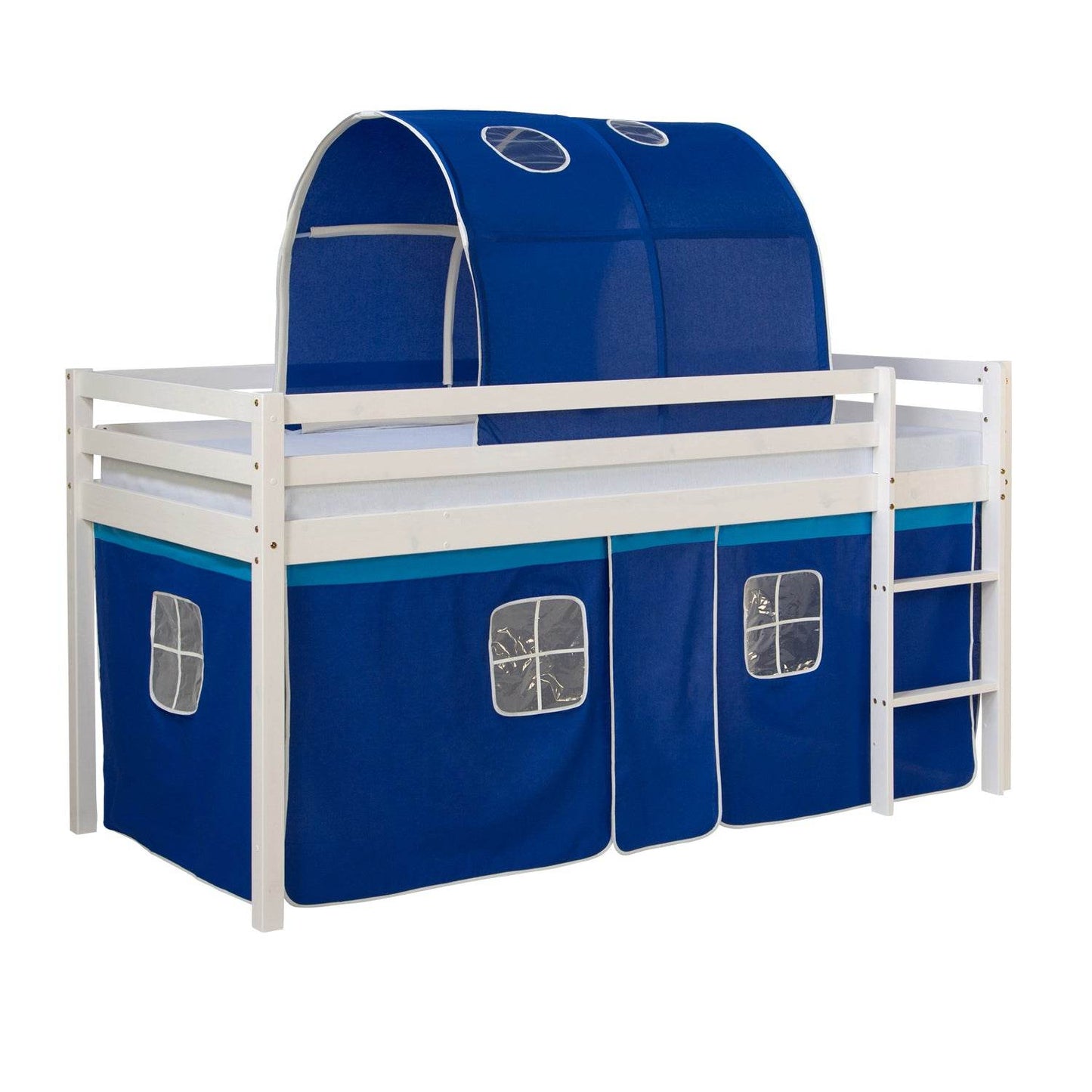 Hochbett mit Lattenrost 90x200 Kinderbett Tunnel Vorhang blau Kiefer Weiss - Palo24