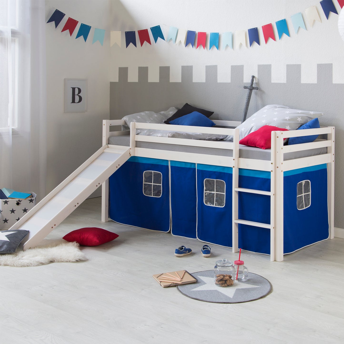 Hochbett Kinder 90x200 cm Weiss mit Vorhang in Blau | Rutsche | mit Lattenrost