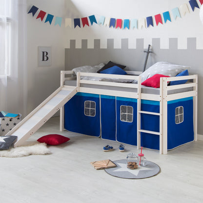 Hochbett Kinder 90x200 cm Weiss mit Vorhang in Blau | Rutsche | mit Lattenrost
