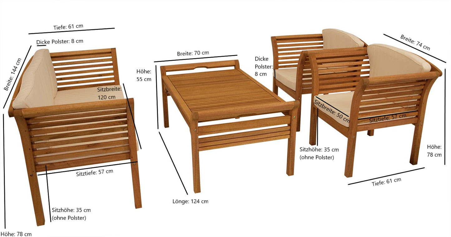 Gruppo di sedute lounge set MALAGA 4 pezzi Oliato di eucalipto, con rivestimento color crema, certificato FSC®