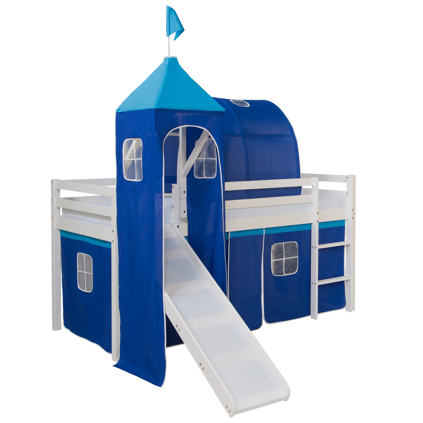 Hochbett Kinder 90x200 cm Weiss mit Vorhang in Blau | Tunnel | Turm | Rutsche | mit Lattenrost