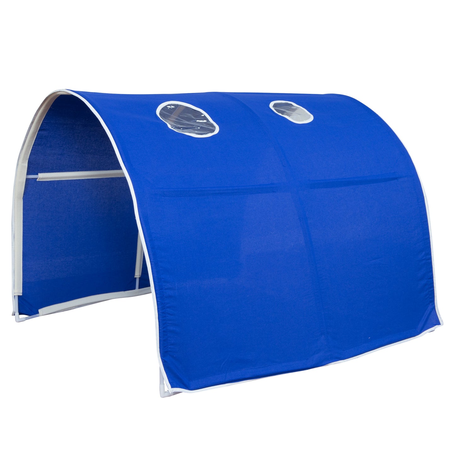 Hochbett Kinder 90x200 cm Weiss mit Vorhang in Blau | Tunnel | Turm | Rutsche | mit Lattenrost
