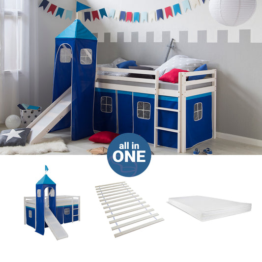 Hochbett mit Matratze 90x200 cm Turm Rutsche Leiter Holz Kiefer Vorhang blau Lattenrost