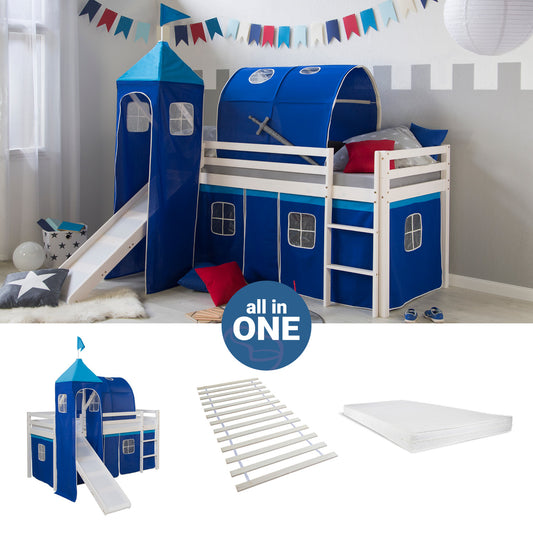 Hochbett mit Matratze 90x200 cm Turm Tunnel Rutsche Leiter Vorhang blau Lattenrost