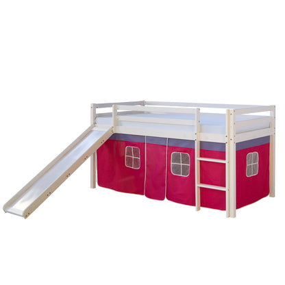 Hochbett Kinder 90x200 cm Weiss mit Vorhang in Pink | Rutsche | mit Lattenrost