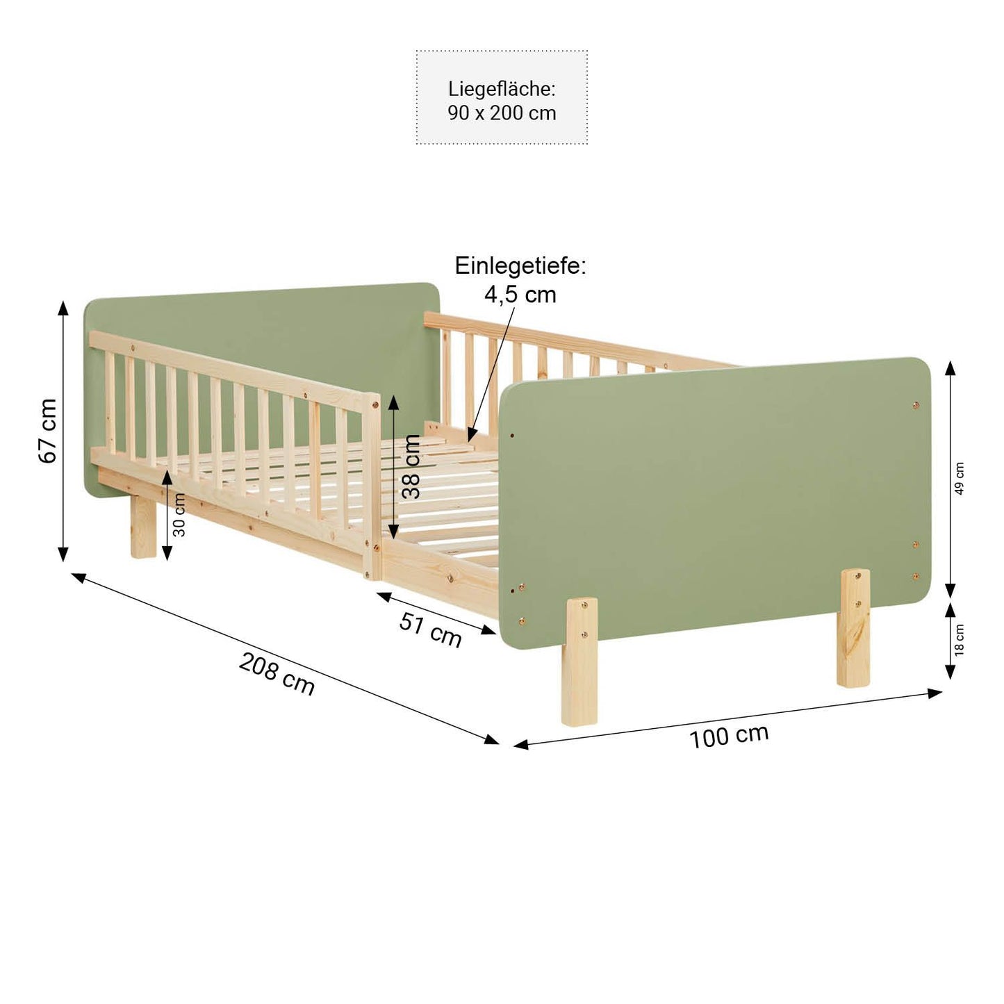 Kinderbett 90x200 cm mit Lattenrost Rausfallschutz Grün