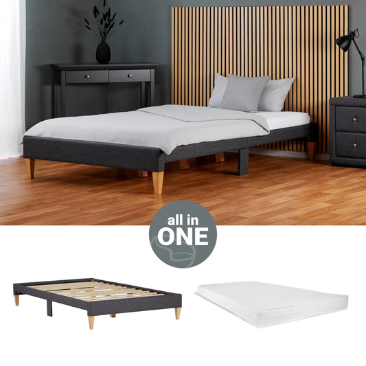 Polsterbett 140x200 cm Grau | Futonbett | mit Lattenrost | mit Matratze | Doppelbett Stoffbett