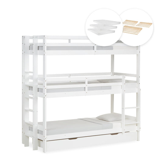 Etagenbett mit Matratzen 90x200 cm mit Bettkasten Dreifachbett Weiss