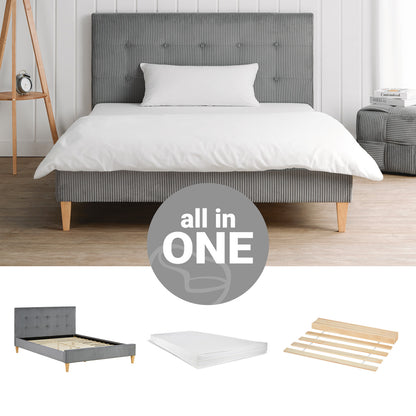 Polsterbett 140x200 cm Grau Cord | mit Lattenrost | mit Matratze | Doppelbett Stoffbett