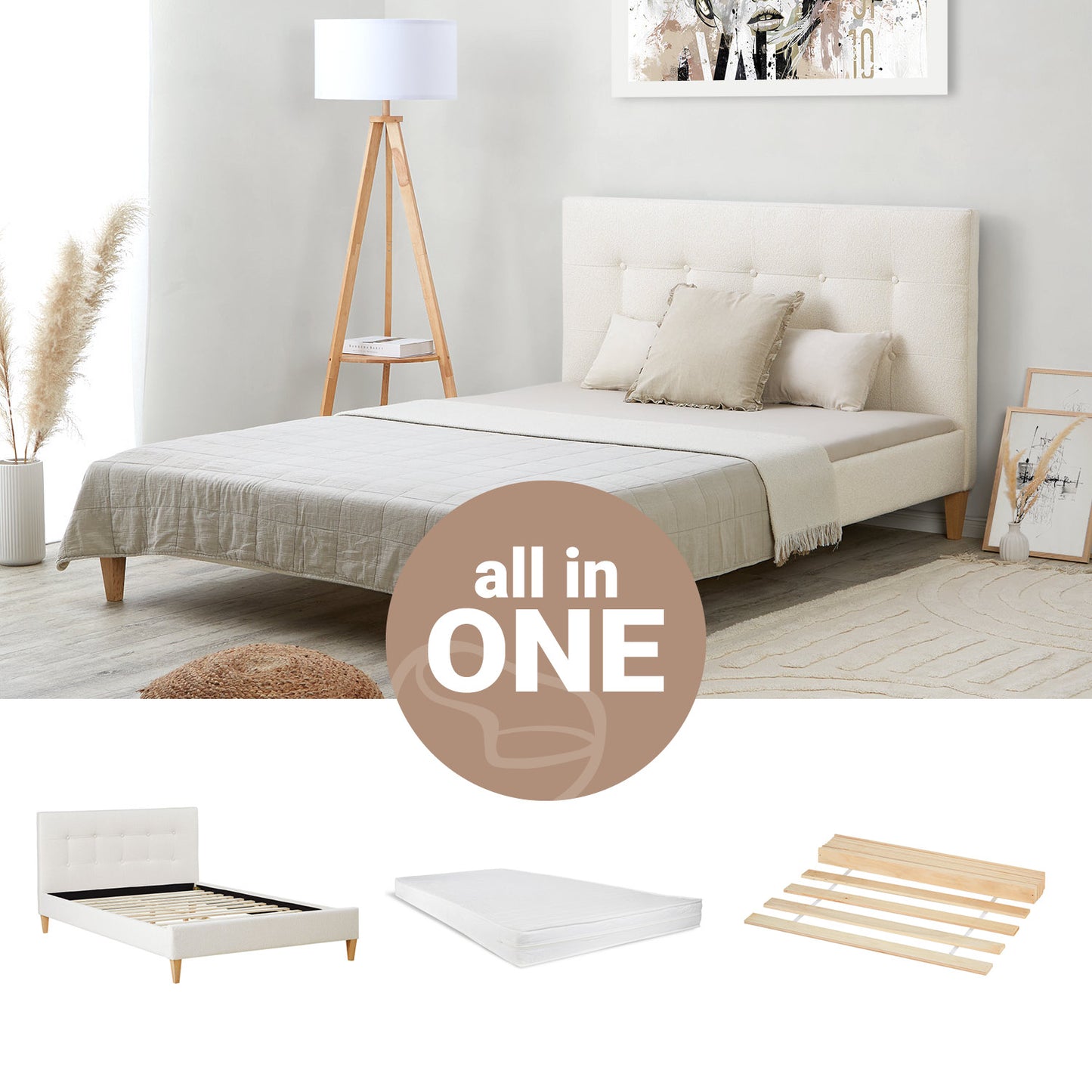 Polsterbett 140x200 cm Beige Bouclé | mit Lattenrost | mit Matratze | Doppelbett