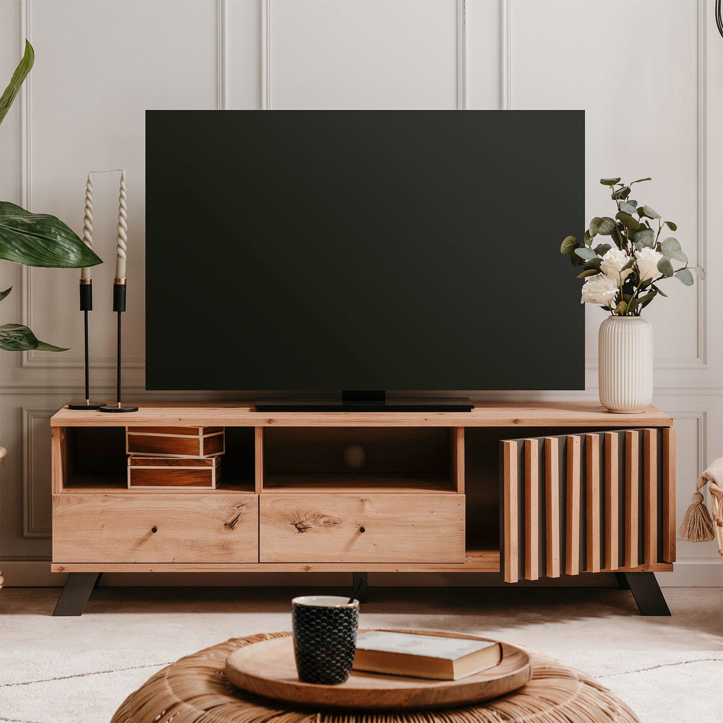 Lowboard TV 138 cm Fernsehschrank Holz Eiche