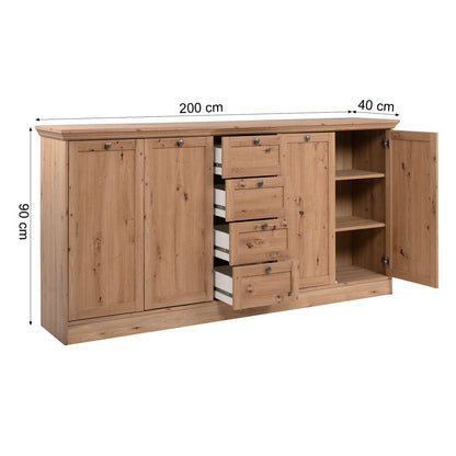 Cassettiera Credenza Stile Country 200 cm di larghezza Legno Rovere