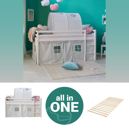 Hochbett Kinder 90x200 cm Weiß mit Vorhang Sterne | Turm | mit Lattenrost