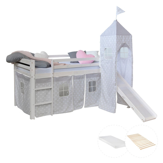 Hochbett mit Matratze 90x200 Turm Rutsche Stockbett Weiss Vorhang grau Sterne Lattenrost