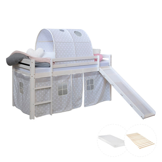 Hochbett mit Matratze 90x200 Rutsche Weiss Vorhang Tunnel Sterne grau Lattenrost
