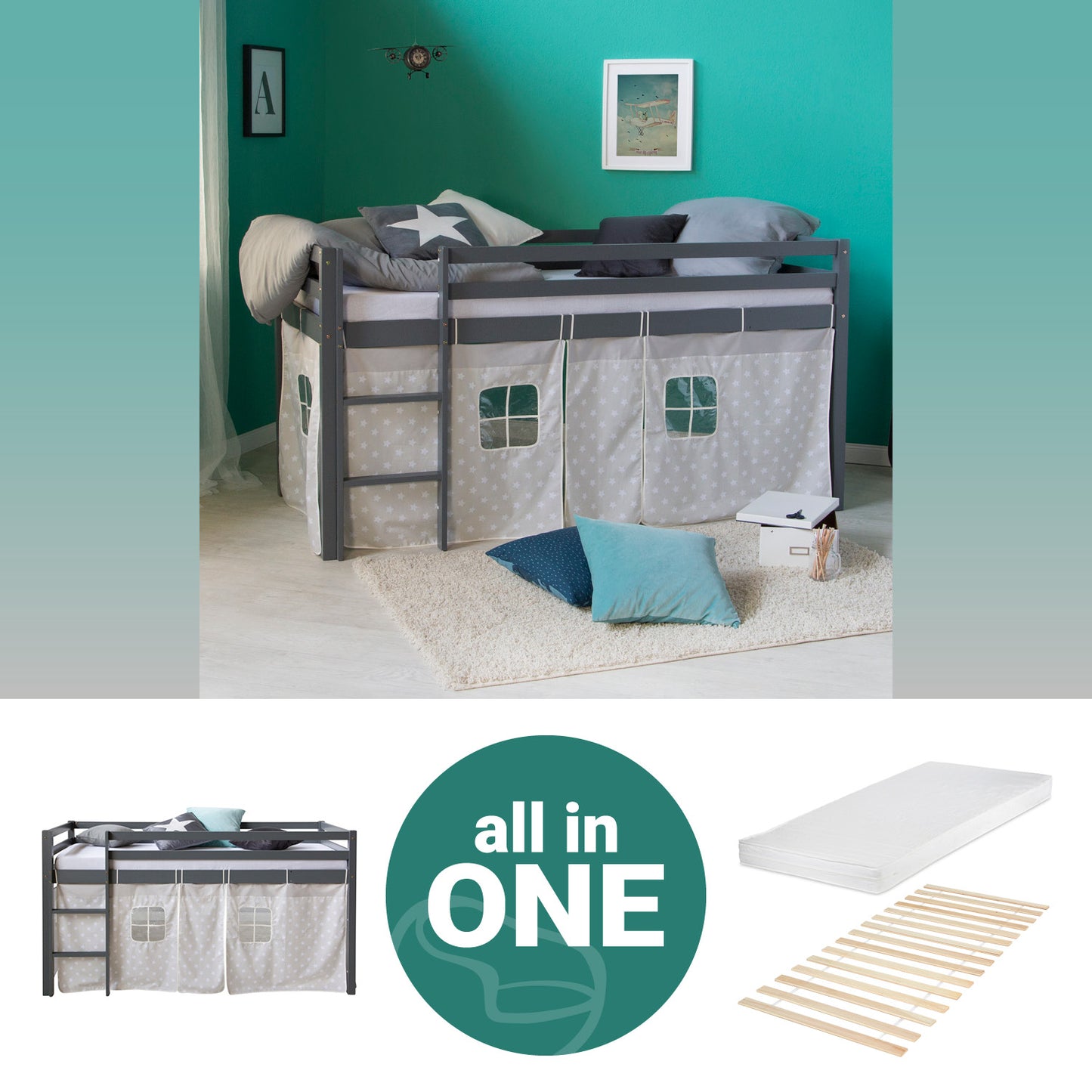 Hochbett mit Matratze 90x200 cm Grau Leiter Vorhang Sterne Jugendbett Lattenrost