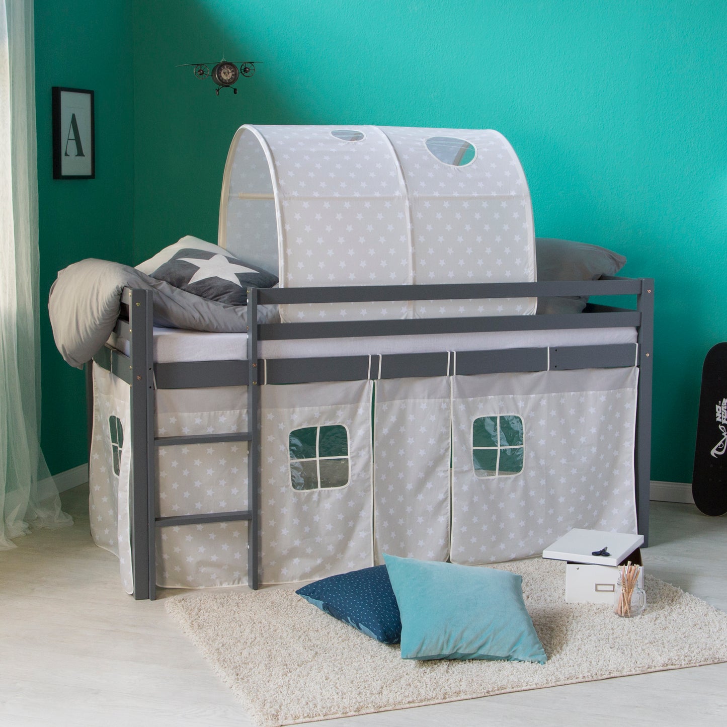 Hochbett mit Matratze 90x200 cm Grau Tunnel Vorhang Sterne Lattenrost