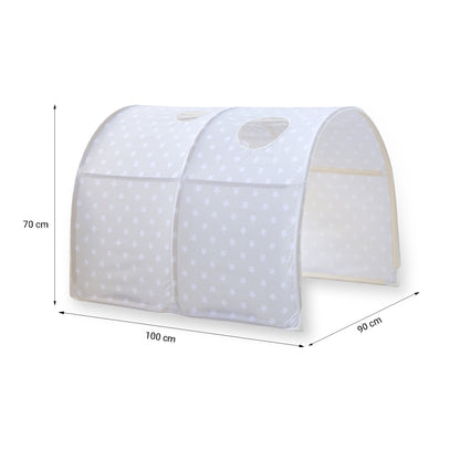 Hochbett mit Matratze 90x200 cm Grau Tunnel Vorhang Sterne Lattenrost