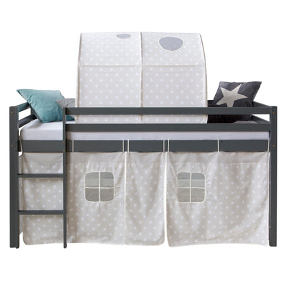 Hochbett mit Matratze 90x200 cm Grau Tunnel Vorhang Sterne Lattenrost