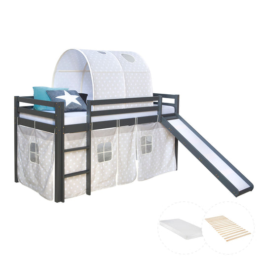 Hochbett mit Matratze 90x200 Rutsche Grau Vorhang Tunnel Sterne Lattenrost