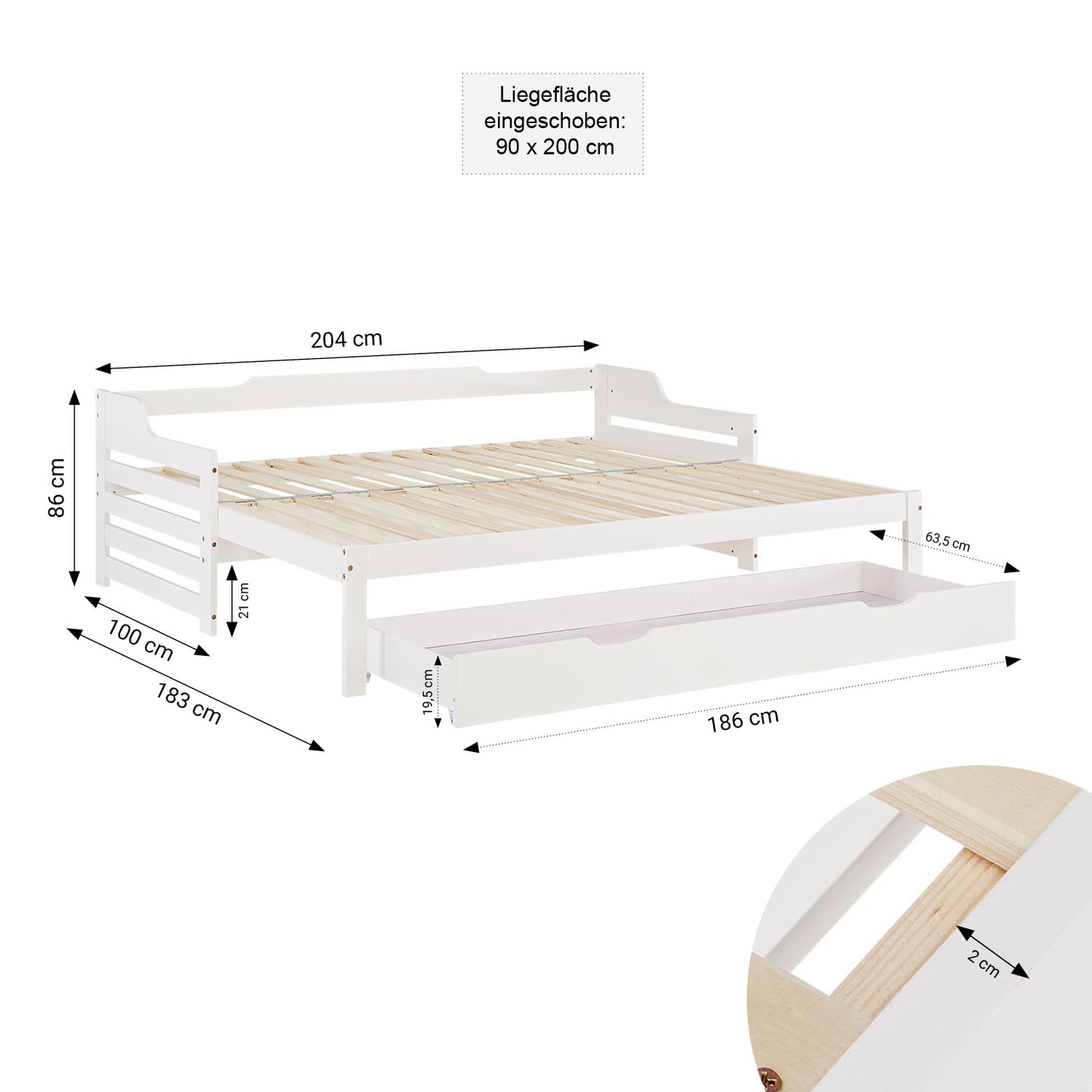Holzbett 90x200 cm Weiss ausziehbar zum Doppelbett mit Bettkasten mit Lattenrost Funktionsbett
