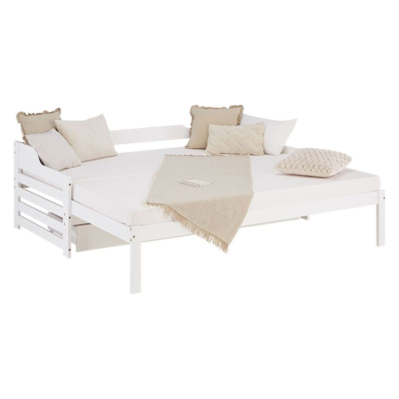 Holzbett 90x200 ausziehbar mit Bettkasten & Matratze Weiss - Palo24