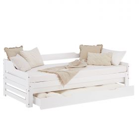Holzbett 90x200 cm Weiss ausziehbar zum Doppelbett mit Bettkasten mit Lattenrost Funktionsbett