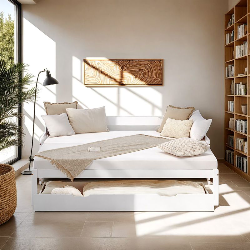 Holzbett 90x200 ausziehbar mit Bettkasten & Matratze Weiss - Palo24