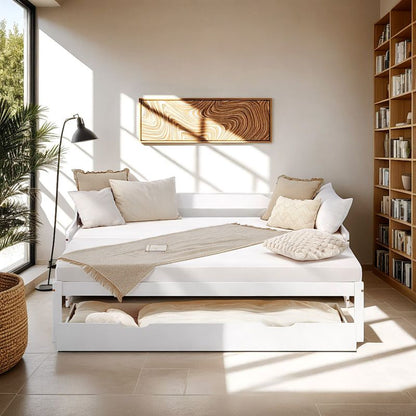 Holzbett 90x200 ausziehbar mit Bettkasten & Matratze Weiss - Palo24