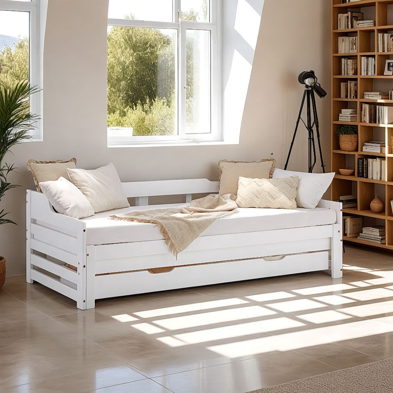 Holzbett 90x200 ausziehbar mit Bettkasten & Matratze Weiss - Palo24