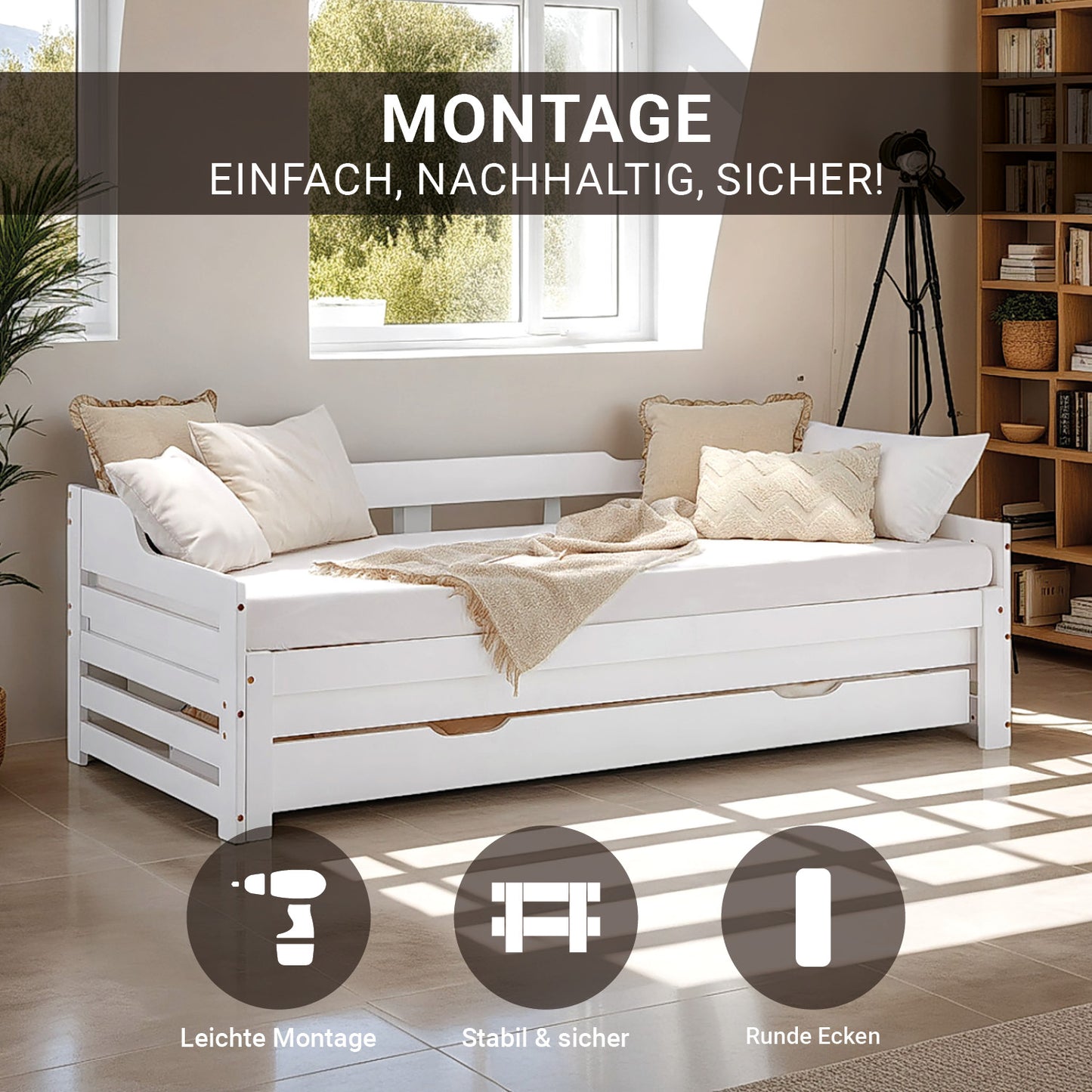 Holzbett 90x200 cm Weiss ausziehbar zum Doppelbett mit Bettkasten mit Lattenrost Funktionsbett