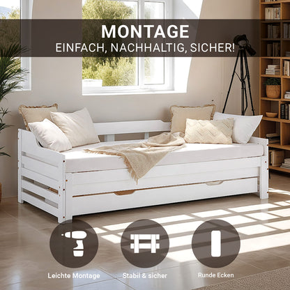 Holzbett 90x200 cm Weiss ausziehbar zum Doppelbett mit Bettkasten mit Lattenrost Funktionsbett