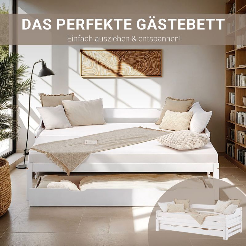 Holzbett 90x200 ausziehbar mit Bettkasten & Matratze Weiss - Palo24