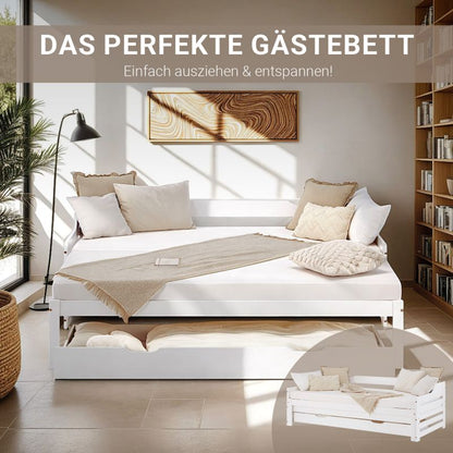 Holzbett 90x200 ausziehbar mit Bettkasten & Matratze Weiss - Palo24