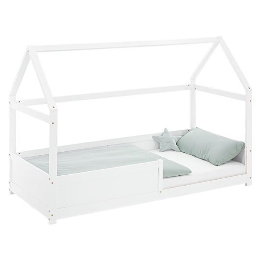 Kinderbett 90x200 cm Weiss | Hausbett mit Rausfallschutz | Montessori | Einzelbett | mit Lattenrost