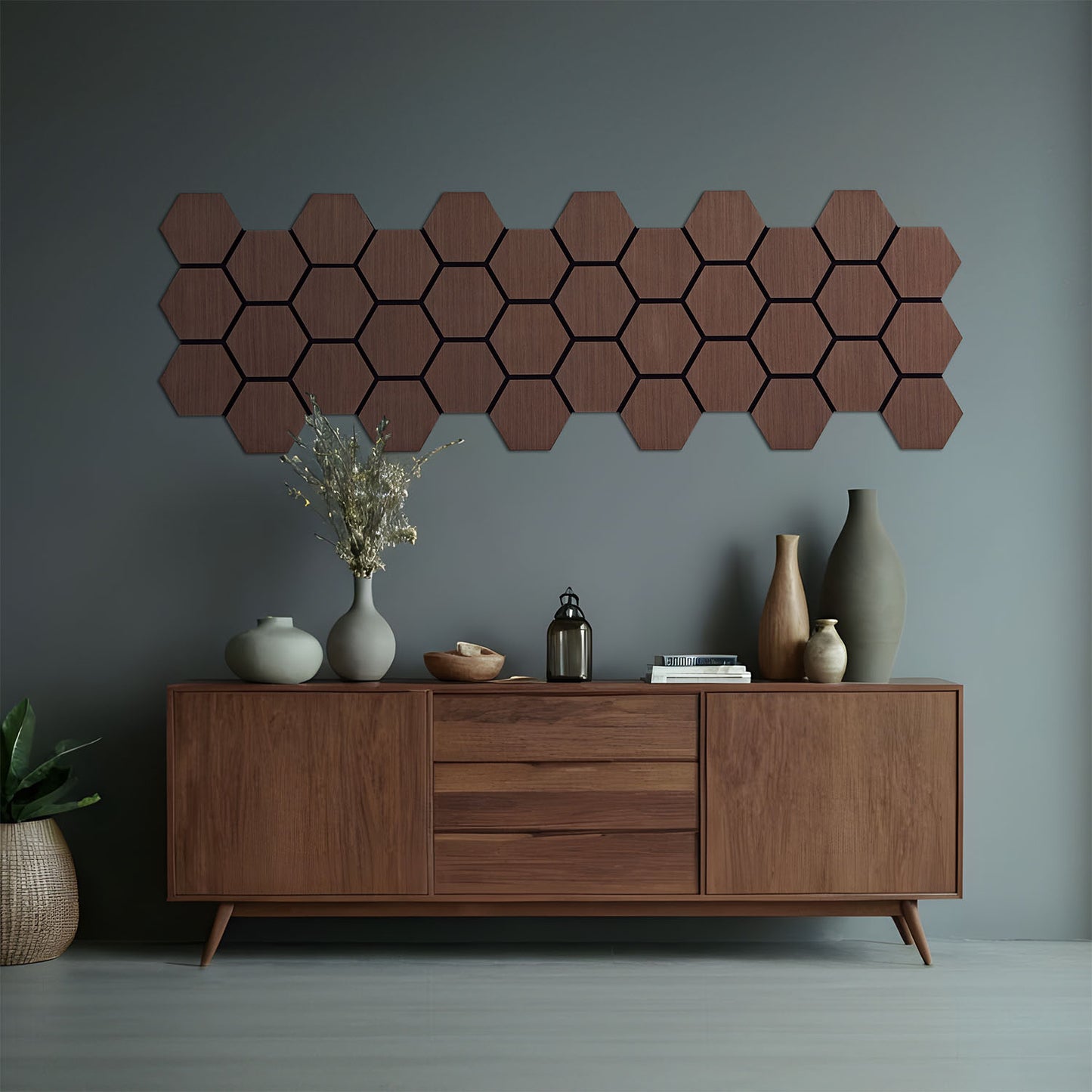 4er Set Akustikpaneele Wandpaneele Hexagon Wabe 76 x 62 cm Braun Walnuss Holz 3D - Palo24