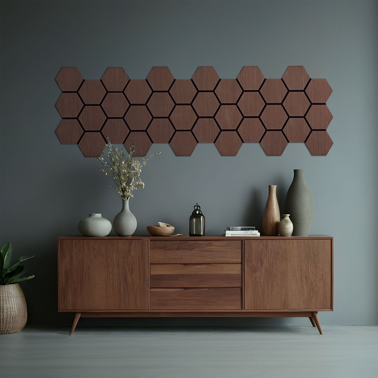 4er Set Akustikpaneele Wandpaneele Hexagon Wabe 76 x 62 cm Braun Walnuss Holz 3D - Palo24