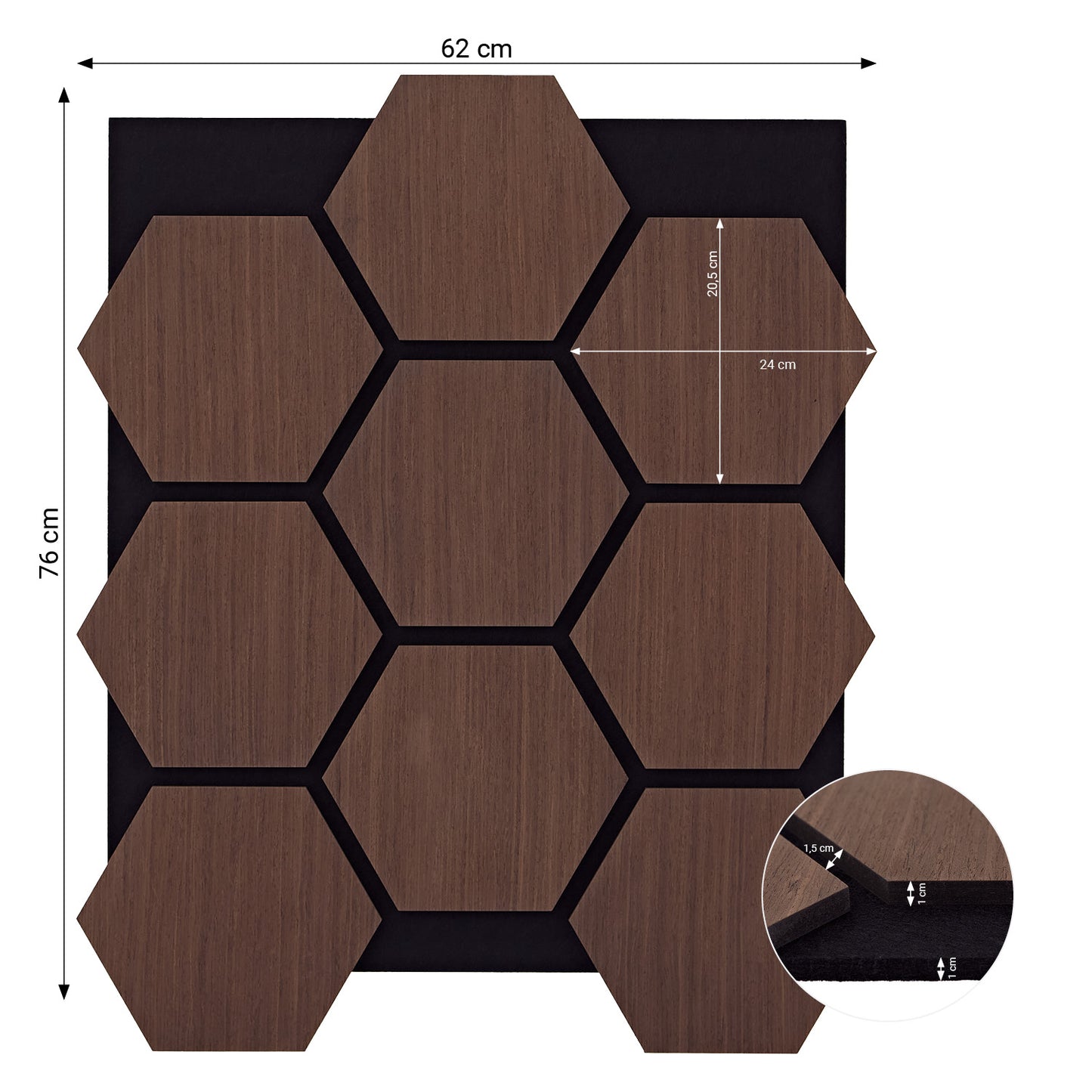 4er Set Akustikpaneele Wandpaneele Hexagon Wabe 76 x 62 cm Braun Walnuss Holz 3D - Palo24
