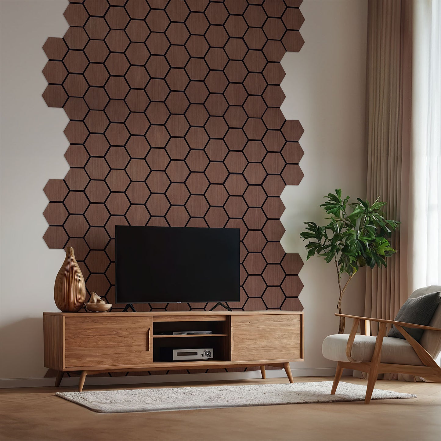 4er Set Akustikpaneele Wandpaneele Hexagon Wabe 76 x 62 cm Braun Walnuss Holz 3D - Palo24