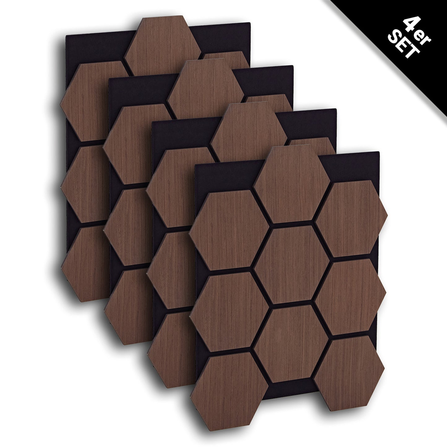4er Set Akustikpaneele Wandpaneele Hexagon Wabe 76 x 62 cm Braun Walnuss Holz 3D - Palo24
