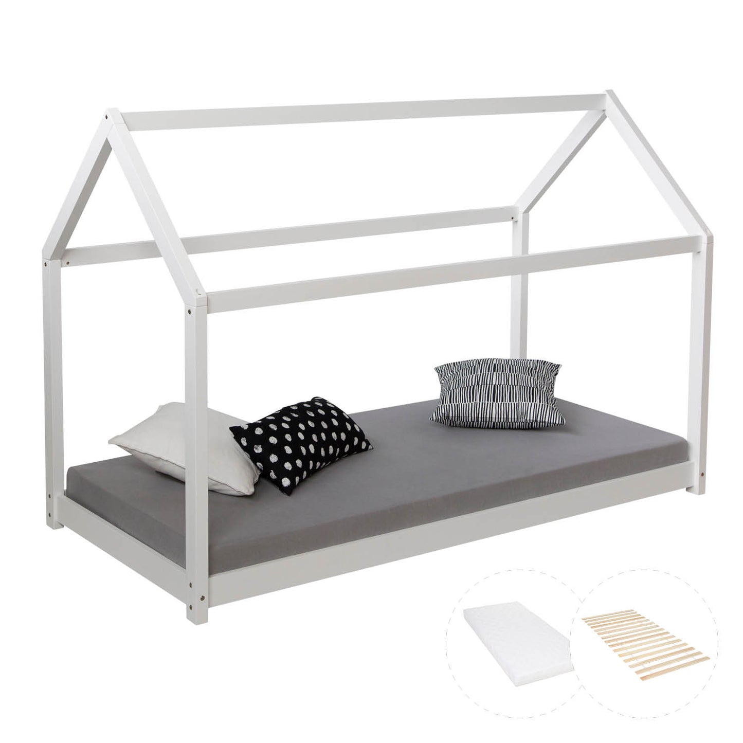 Kinderbett 80x160 cm mit Matratze Hausbett Weiss Bodenbett Montessori Lattenrost
