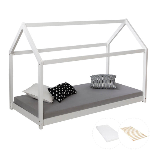 Kinderbett 80x160 cm mit Matratze Hausbett Weiss Bodenbett Montessori Lattenrost
