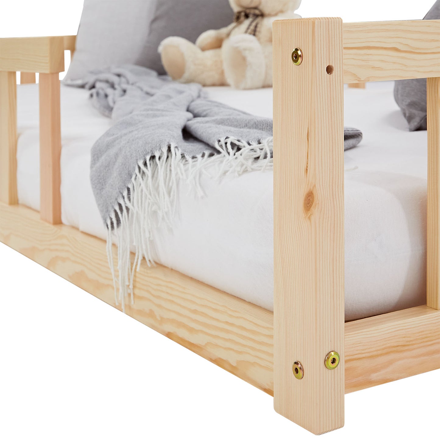 Kinderbett 90x200 Natur | Bodenbett mit Lattenrost | mit Rausfallschutz | Montessori