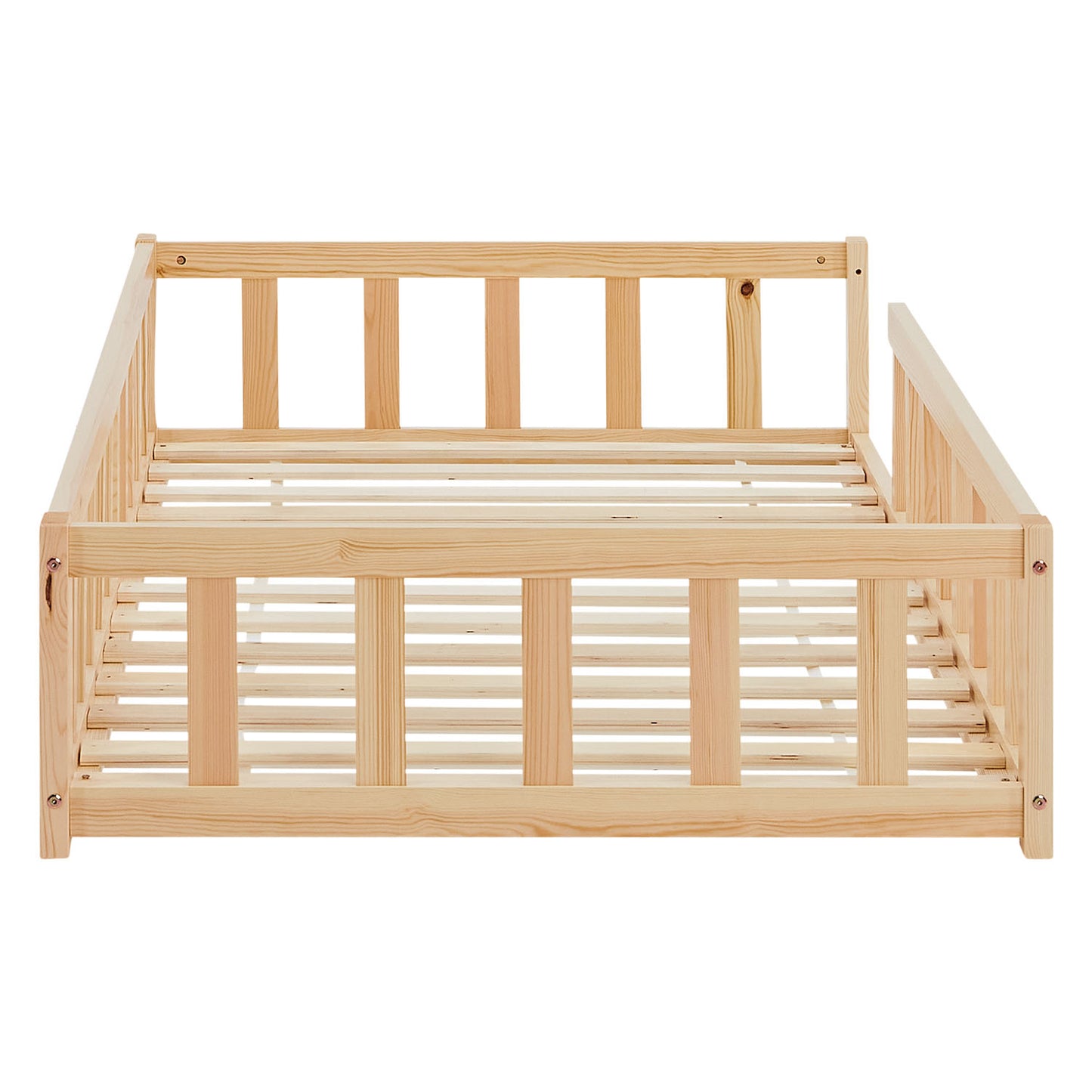 Kinderbett 90x200 Natur | Bodenbett mit Lattenrost | mit Rausfallschutz | Montessori