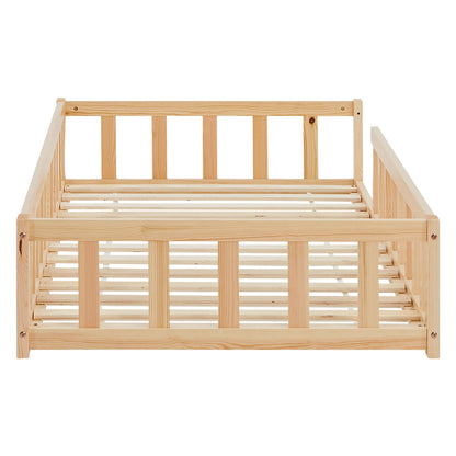 Kinderbett 90x200 Natur | Bodenbett mit Lattenrost | mit Rausfallschutz | Montessori