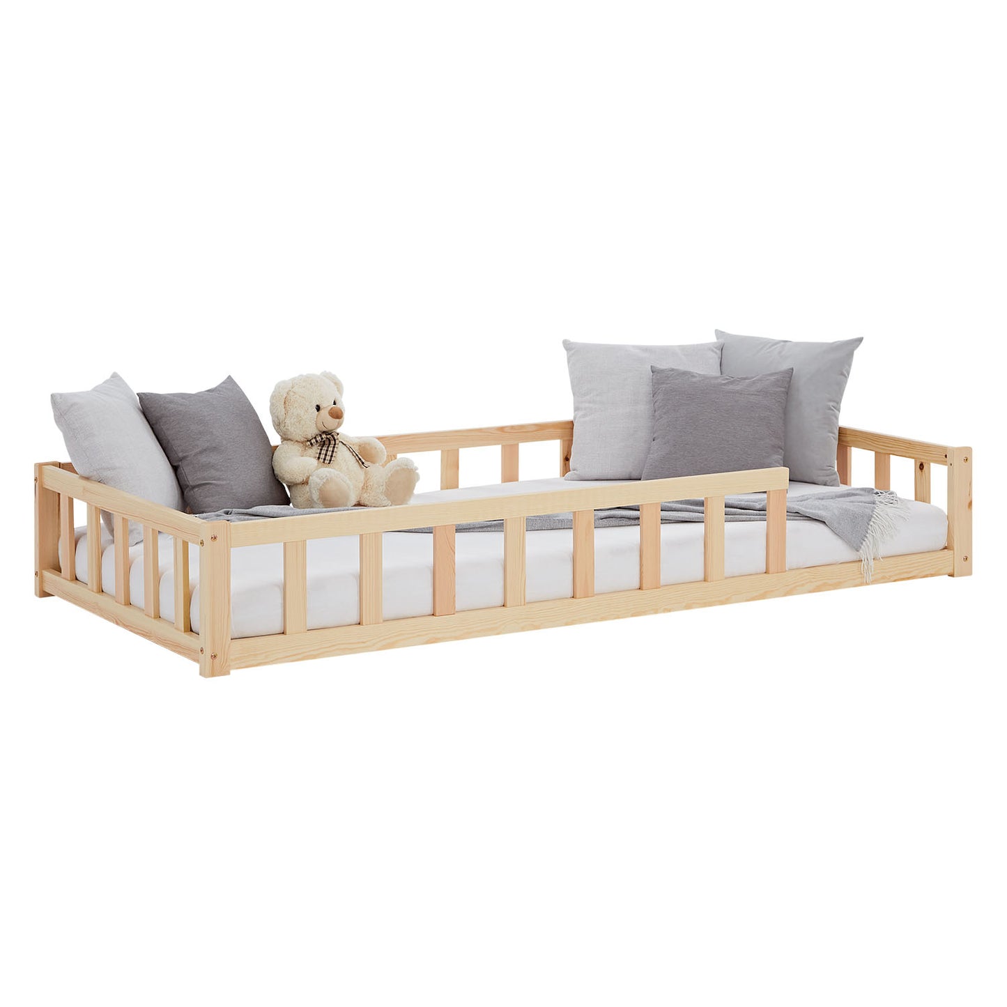 Kinderbett 90x200 Natur | Bodenbett mit Lattenrost | mit Rausfallschutz | Montessori