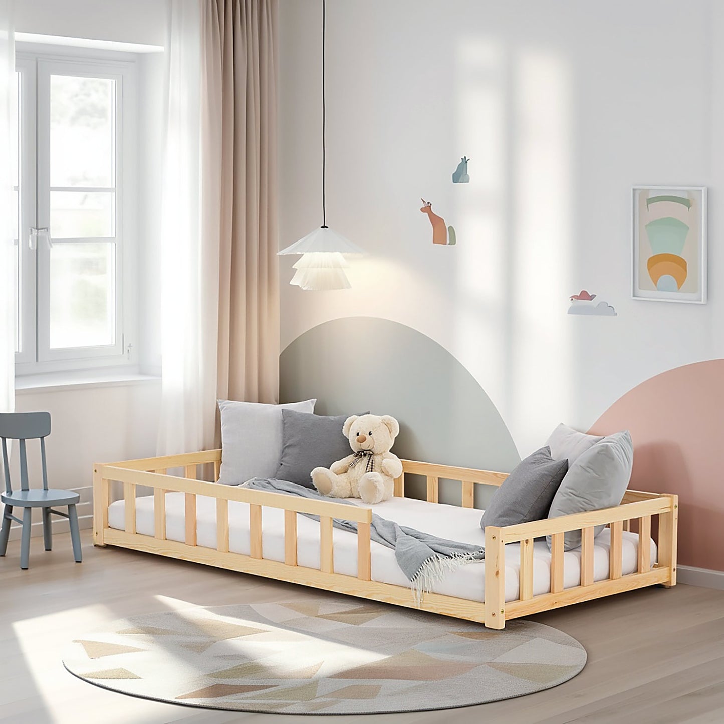 Kinderbett 90x200 Natur | Bodenbett mit Lattenrost | mit Rausfallschutz | Montessori