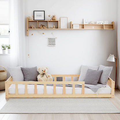 Kinderbett 90x200 Natur | Bodenbett mit Lattenrost | mit Rausfallschutz | Montessori