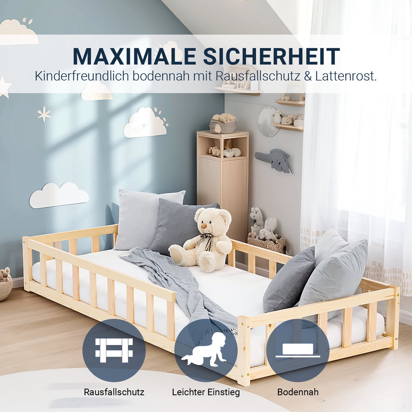 Kinderbett 90x200 Natur | Bodenbett mit Lattenrost | mit Rausfallschutz | Montessori