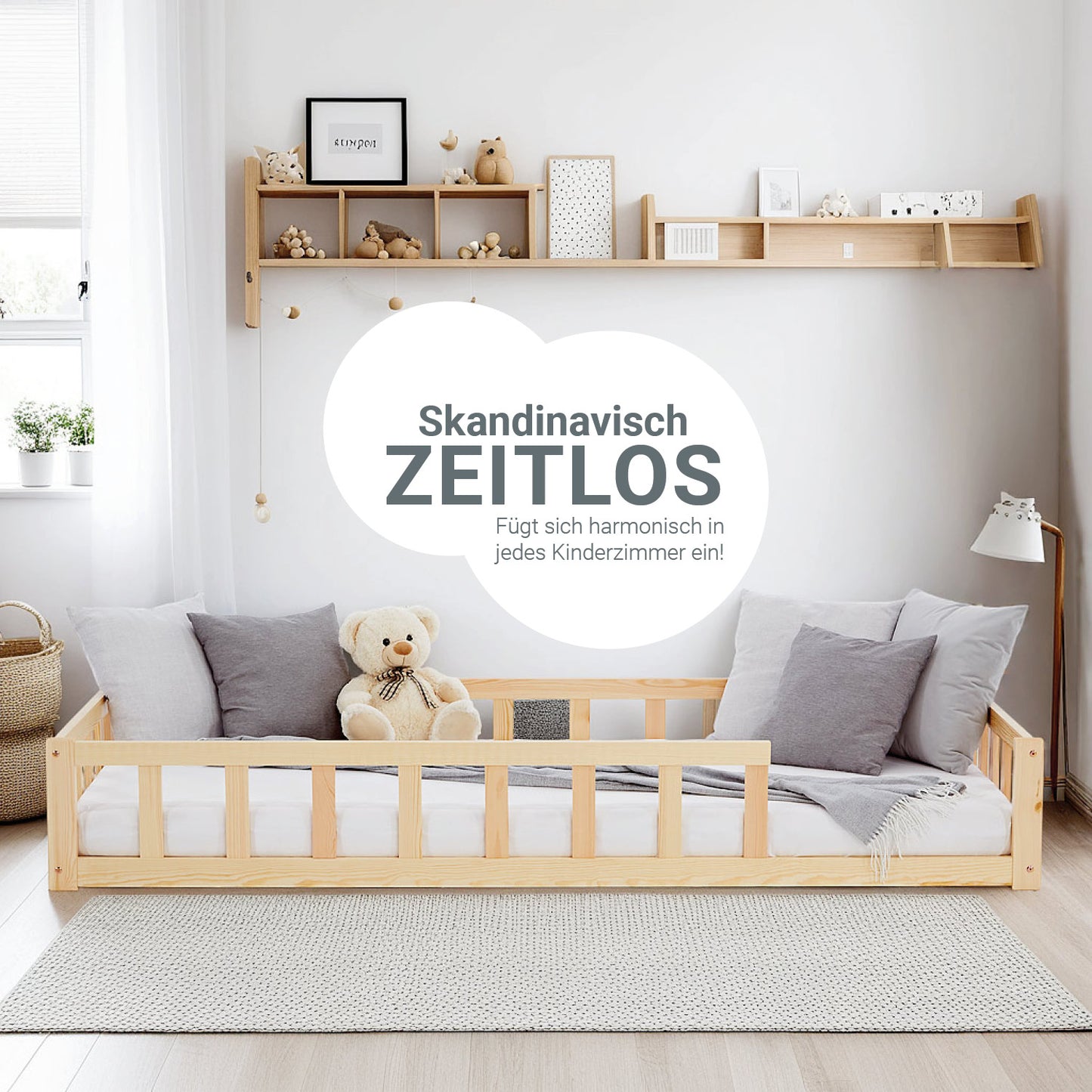 Kinderbett 90x200 Natur | Bodenbett mit Lattenrost | mit Rausfallschutz | Montessori
